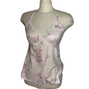Laura Ashley Soft Floral Lacey Sleep Cami Tank Top Sz L Womens Pink with Bow
